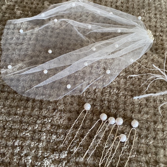 White Bridal Birdcage Veil Hair Feather accessory and pearl pins For Wedding